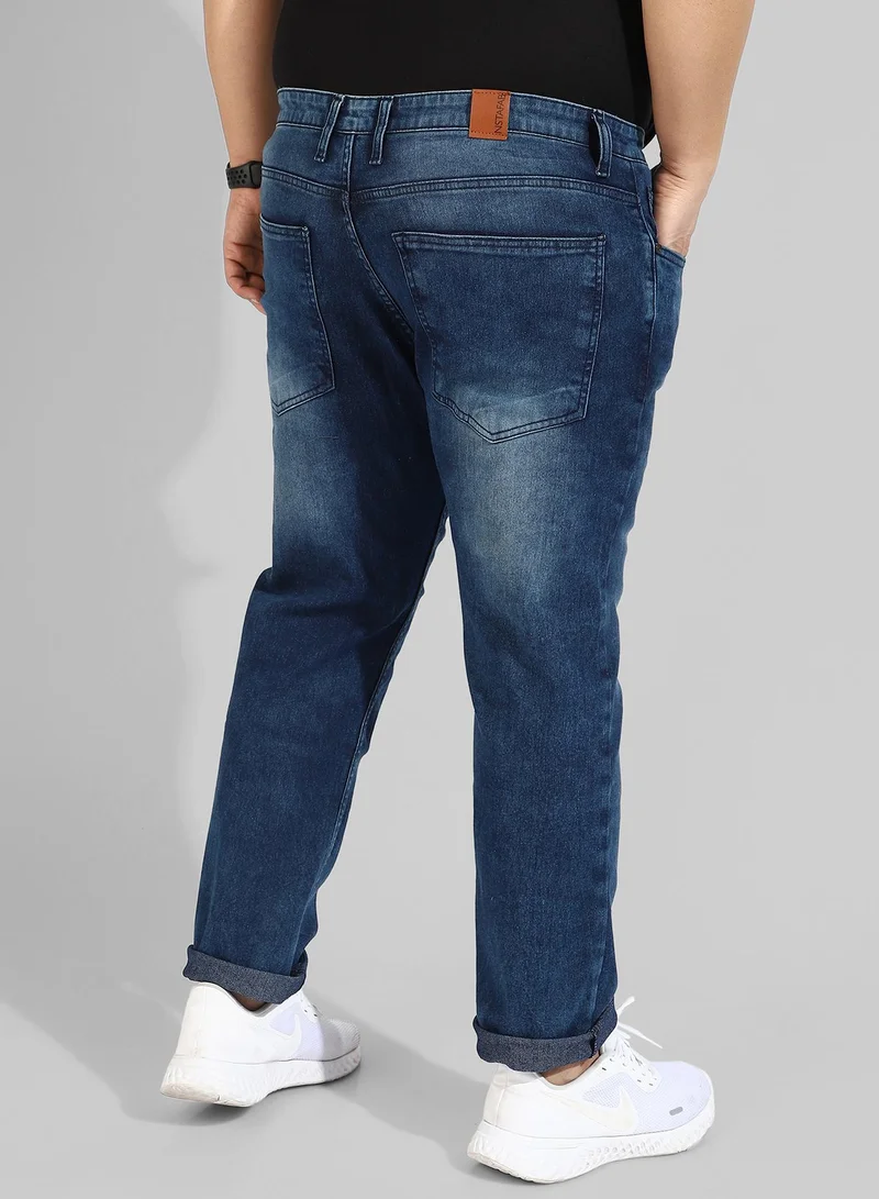 Instafab Plus  Men’s Classic Blue Medium-Washed Distressed Patterned Regular Fit Denim Jeans | Premium Stretchable Cotton Mid-Rise Crafted With Comfort Fit and High Performance For Everyday Wear for Men | Best Price UAE